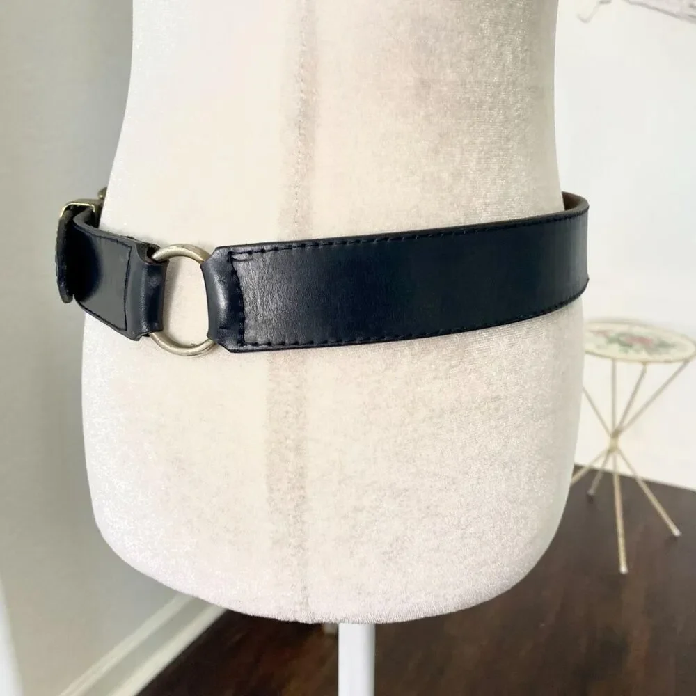 Vintage Theo's For Women Flower Embossed Black Leather Waist Belt 28.5